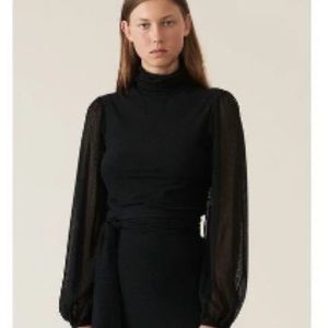 Ganni sheer,black balloon sleeved thin turtleneck blouse with velvet dot details
